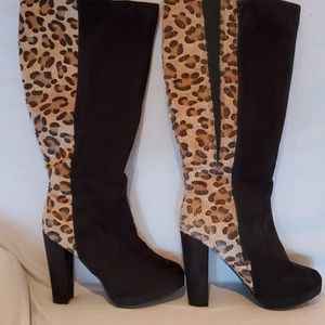 Leopard Print and black wide calf Heeled Boots